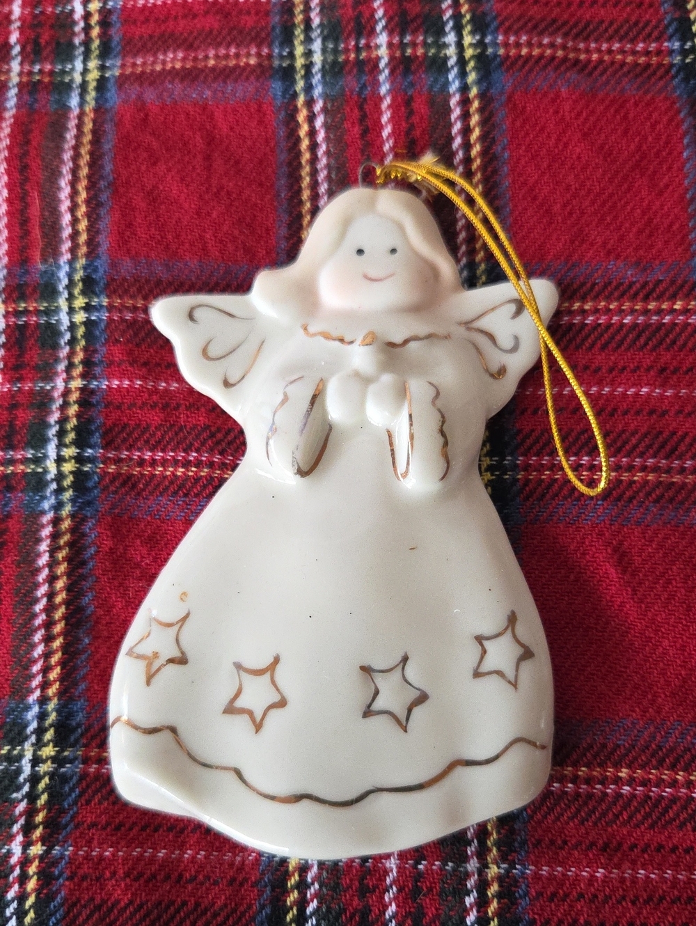 Vintage Ivory Ceramic Angel Ornament with Gold Trim - Holiday Décor